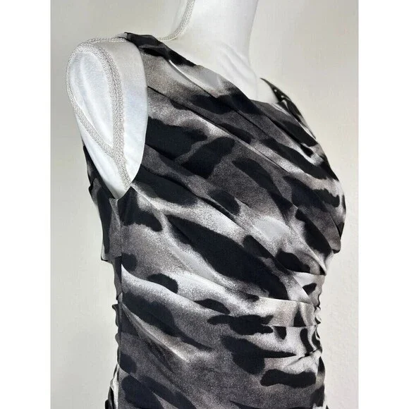 Ann Taylor Animal Print Ruched Sheath Dress Sleeveless Black Grey White Size 6 - Picture 10 of 14